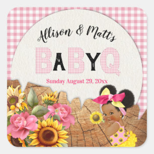 Baby Meisje Zonnebloem Roze Geruit Hout Baby Q BBQ Vierkante Sticker