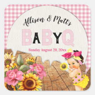 Baby Meisje Zonnebloem Roze Rut Houten Baby Q BBQ Vierkante Sticker