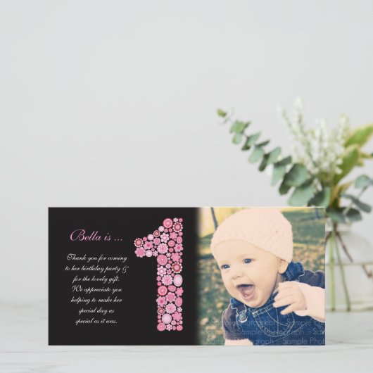 Baby Meisjes 1e Verjaardag Dank u Fotokaart Bedankkaart (Staand voorkant)