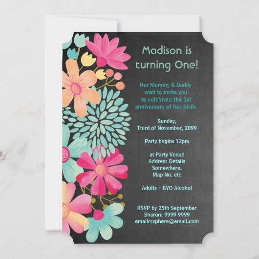 Baby Meisjes 1e Verjaardag Nummer 1 Feest Uitnodig Kaart (Achterkant)