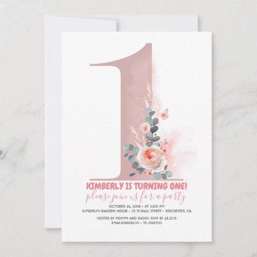 Baby meisjes 1e verjaardag Uitnodiging (Voorkant)