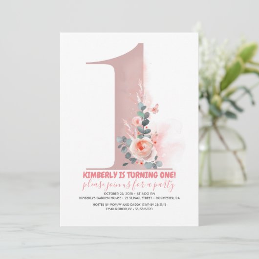 Baby meisjes 1e verjaardag Uitnodiging (Staand voorkant)