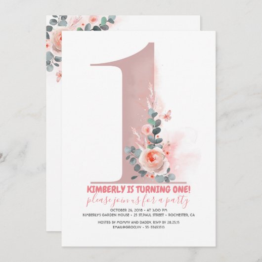 Baby meisjes 1e verjaardag Uitnodiging (Voorkant / Achterkant)