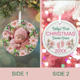 Baby Meisje's Eerste Kerstmis Foto Roze Poinsettia Keramisch Ornament