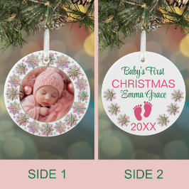 Baby Meisjes Eerste Kerstmis Foto Roze Sneeuwvlokk Keramisch Ornament