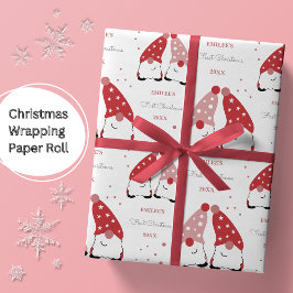 Baby Meisjes Eerste Kerstmis Gnomen Rood Roze Cadeaupapier