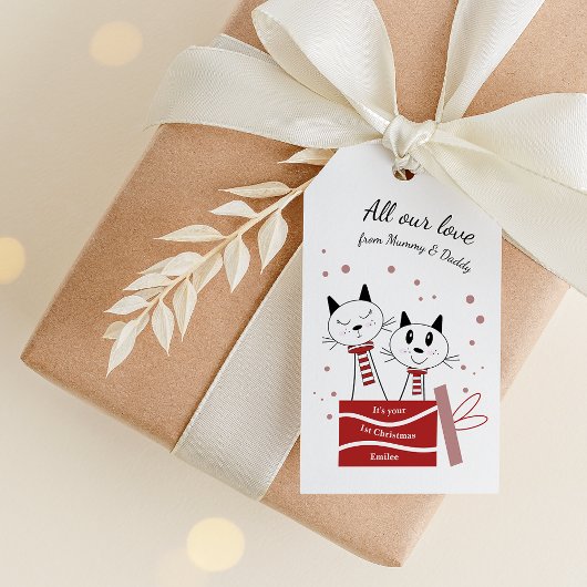 Baby Meisjes Eerste Kerstmis Katten Roze Rood Cadeaulabel