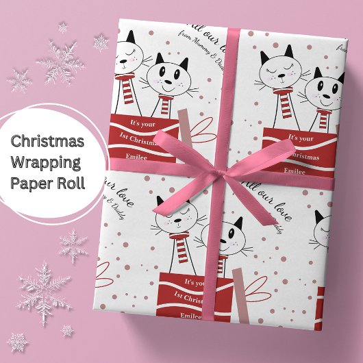 Baby Meisjes Eerste Kerstmis Katten Roze Rood Cadeaupapier