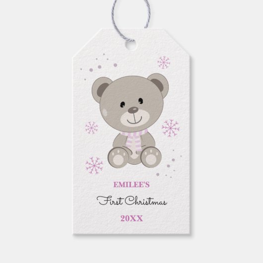 Baby Meisjes Eerste Kerstmis Teddy Bear Roze Cadeaulabel (Voorkant)