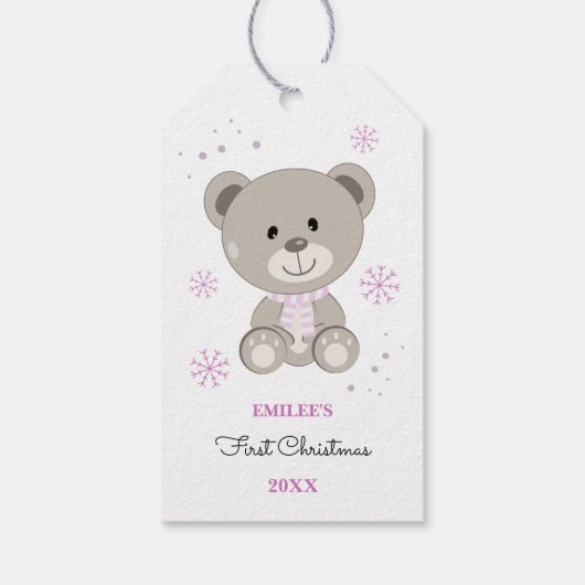 Baby Meisjes Eerste Kerstmis Teddy Bear Roze Cadeaulabel (Achterkant)