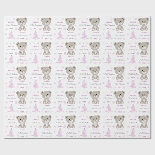 Baby Meisjes Eerste Kerstmis Teddy Bear Roze Cadeaupapier (Vlak)