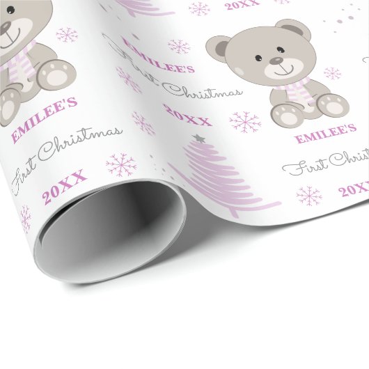 Baby Meisjes Eerste Kerstmis Teddy Bear Roze Cadeaupapier (Rol Hoek)