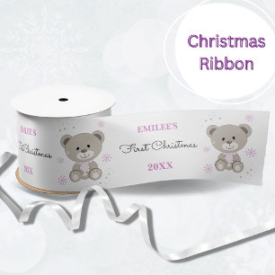 Baby Meisjes Eerste Kerstmis Teddy Bear Roze Satijnen Lint