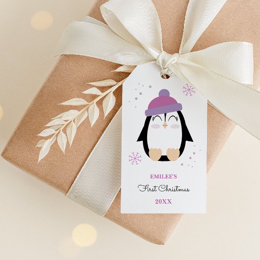 Baby Meisjes Eerste Kerstmis Winter Pinguïn Roze Cadeaulabel