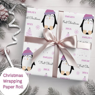 Baby Meisjes Eerste Kerstmis Winter Pinguïn Roze Cadeaupapier