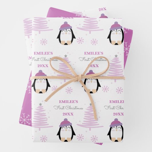 Baby Meisjes Eerste Kerstmis Winter Pinguïn Roze Inpakpapier Vel (In situ)