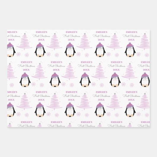 Baby Meisjes Eerste Kerstmis Winter Pinguïn Roze Inpakpapier Vel (Voorkant)