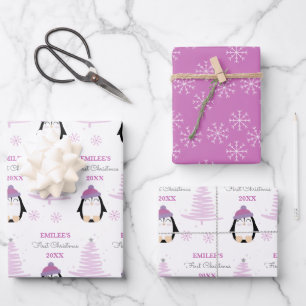 Baby Meisjes Eerste Kerstmis Winter Pinguïn Roze Inpakpapier Vel