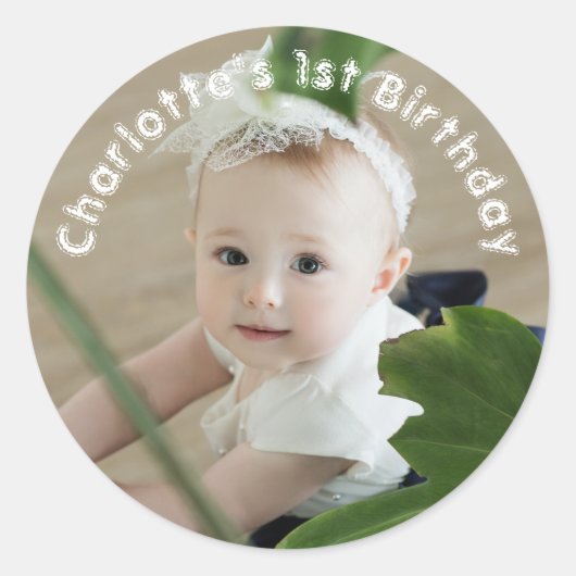 Baby meisjes eerste verjaardag naam en foto ronde sticker (Voorkant)