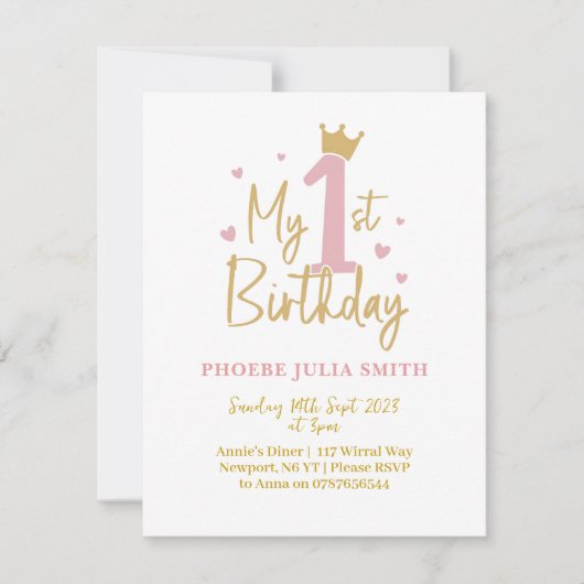 Baby Meisjes Roze 1e verjaardag Uitnodiging (Voorkant)
