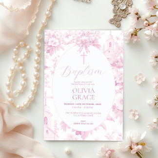 Baby Meisjes Roze  Bloemen Toile Doop Kaart