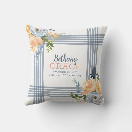 Baby Meisjes Slaapkamer Blauw Geel Aquarel Bloemmo Kussen (Achterkant)