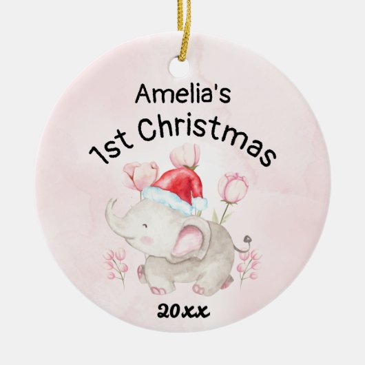 Baby meisjesnaam Eerste Kerstmis Roze & Custom Keramisch Ornament (Voorkant)