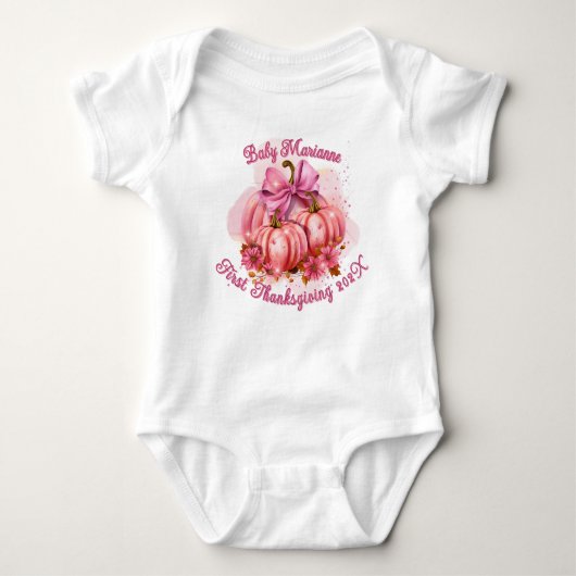 Baby meisjesnaam eerste Thanksgiving roze pompoen Romper (Voorkant)