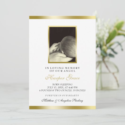 Baby Memorial | Faux Gold en White | Aangepaste fo Aankondiging (Staand voorkant)