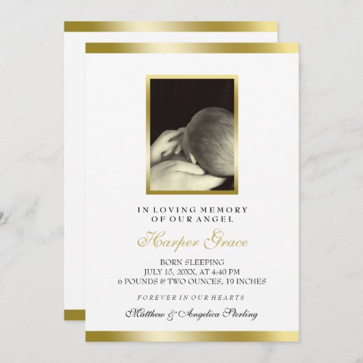 Baby Memorial | Faux Gold en White | Aangepaste fo Aankondiging (Voorkant / Achterkant)