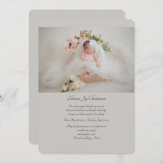 Baby Memorial Photo Card (u kiest kleur terug) Aankondiging (Voorkant / Achterkant)
