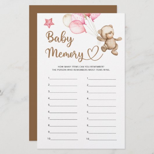 Baby Memory Teddy Bear baby shower spel (Voorkant / Achterkant)