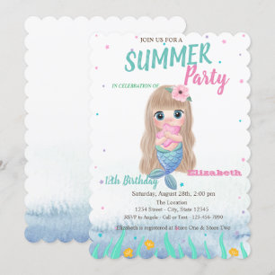 Baby Mermaid Seashells Birthday Party Invitation Kaart