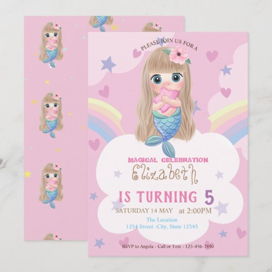 Baby Mermaid Stars Rainbow Birthday Uitnodiging (Voorkant / Achterkant)