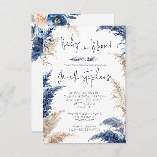 Baby met blauw en tan in het Baby shower Bloom Kaart (Voorkant / Achterkant)