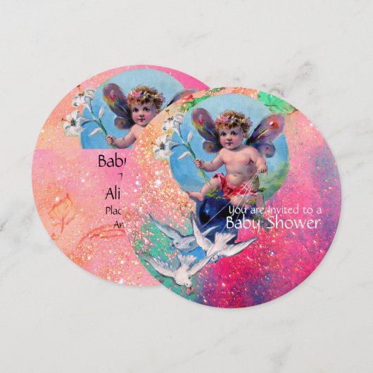 BABY MET DOVES IN GOLD PINK SPARKLES KAART (Voorkant / Achterkant)