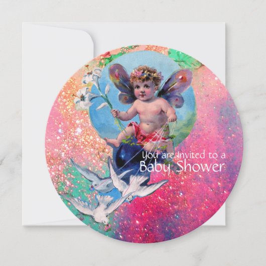 BABY MET DOVES IN PINK SPARKLES Champagne Kaart (Voorkant)