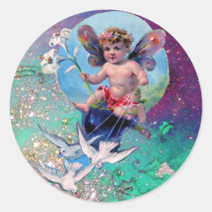 BABY MET DOVES IN SARKLES blauw groen Ronde Sticker