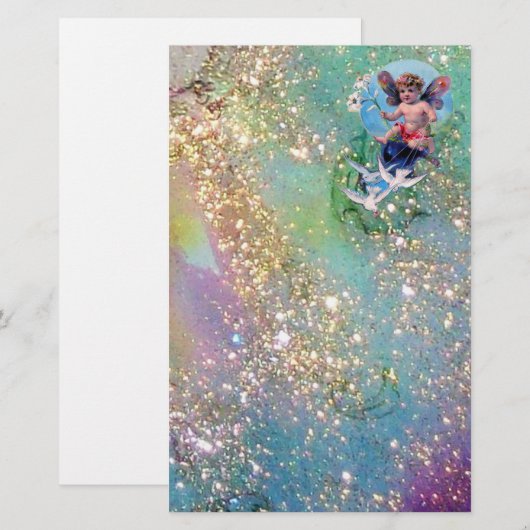 BABY MET DOVES IN SPARKLES, blauw groen goud (Voorkant / Achterkant)