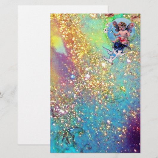 BABY MET DOVES IN SPARKLES, blauw groen goud Briefpapier (Voorkant / Achterkant)