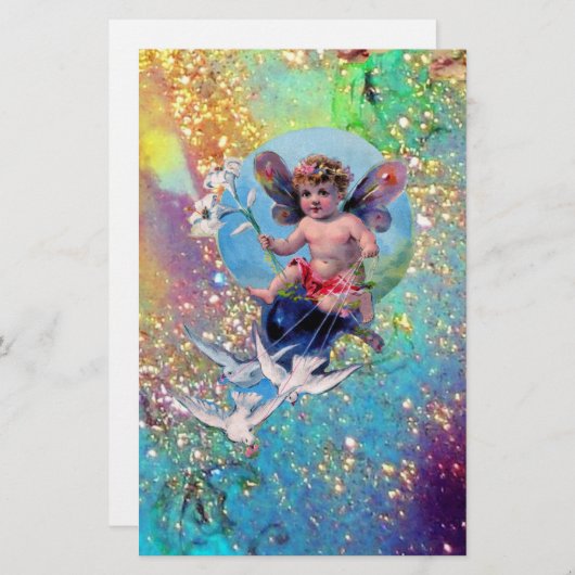 BABY MET DOVES IN SPARKLES, blauw groen goud Briefpapier (Voorkant / Achterkant)