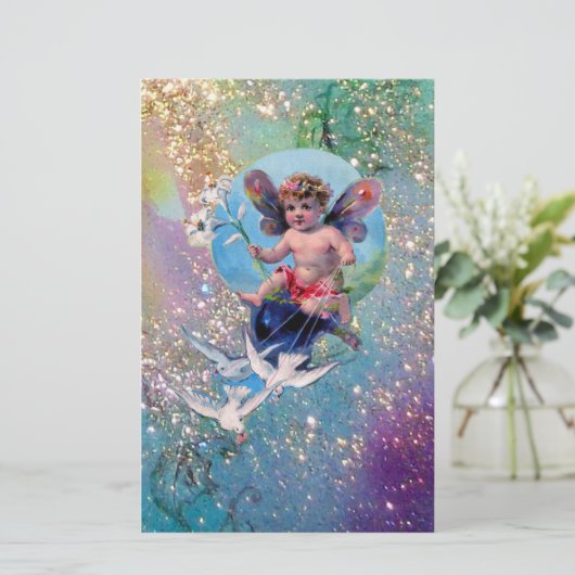 BABY MET DOVES IN SPARKLES blauw groen goud Briefpapier (Staand voorkant)