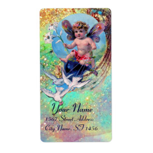 BABY MET DOVES IN SPARKLES blauw groen goud Etiket