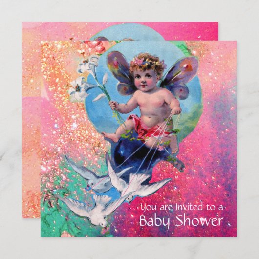 BABY MET DOVES IN SPARKLES Gold Metallic Kaart (Voorkant / Achterkant)