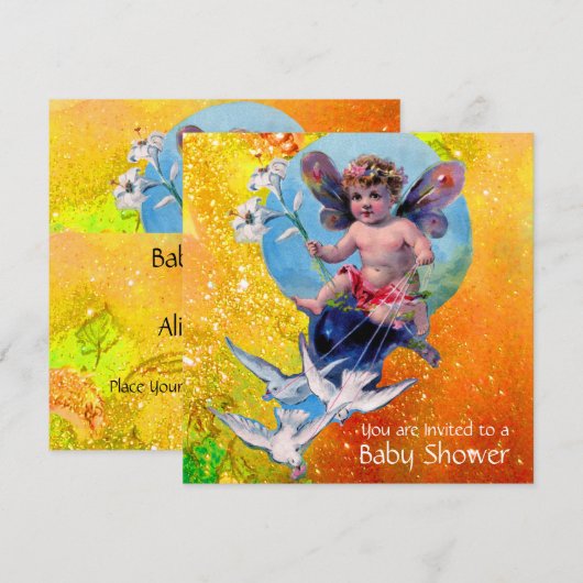 BABY MET DOVES IN SPARKLES Goud Geel Kaart (Voorkant / Achterkant)