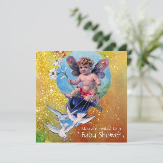 BABY MET DOVES IN SPARKLES Goud Geel Kaart (Staand voorkant)