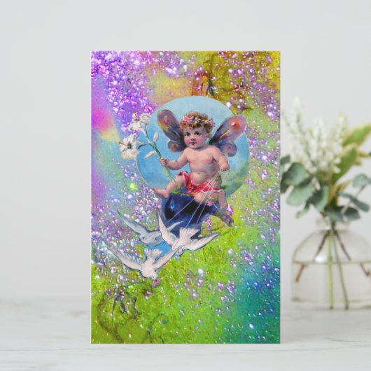 BABY MET DOVES IN SPARKLES paars groen Briefpapier (Staand voorkant)