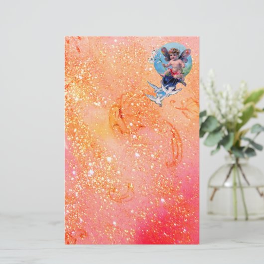 BABY MET DOVES IN SPARKLES, rood roze goud Briefpapier (Staand voorkant)