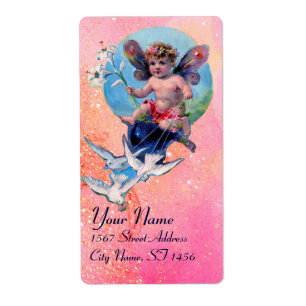 BABY MET DOVES IN SPARKLES, roze blauw Etiket