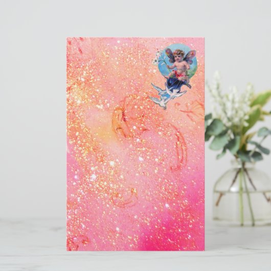 BABY MET DOVES IN SPARKLES, roze goud Briefpapier (Staand voorkant)